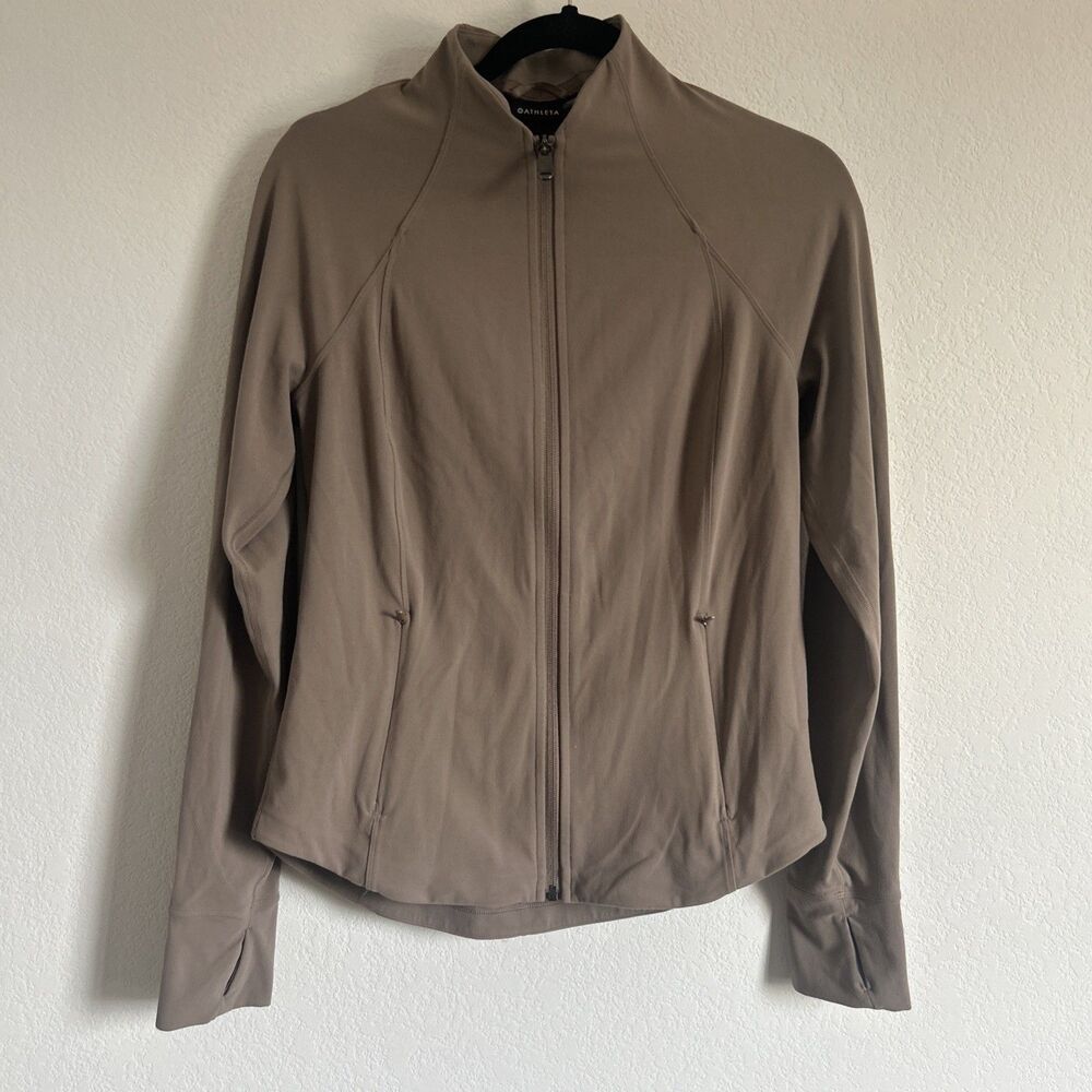 Athleta Full Zip Track Jacket Beige Stretchy Lightweight Top Zipped Pockets M
